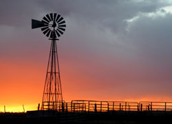 Sunset over the western Kansas prairie with windmill